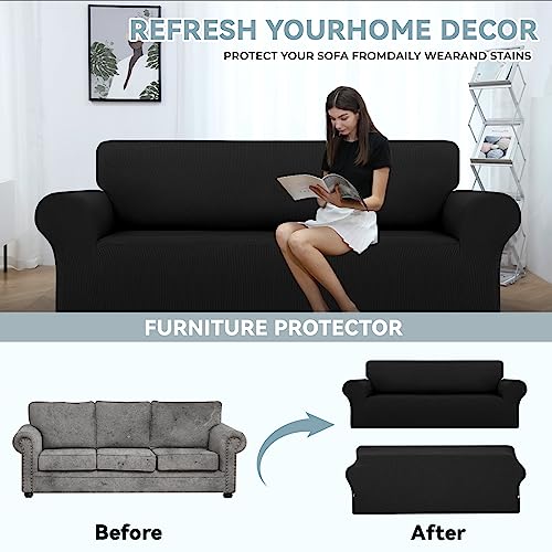 LURKA Stretch Sofa Slipcovers Couch Covers for 3 Cushion Couch Sofa Pet Friendly Non Slip Sofa Cover Washable Furniture Protector with Elastic Bottom (Large, Black) - Image 4