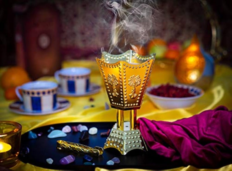 AM Arabian Incense Burner Bakhoor Burner for Oud Frankincense Resin - Metallic Hexagon Motif (Gold Palm) - Image 3