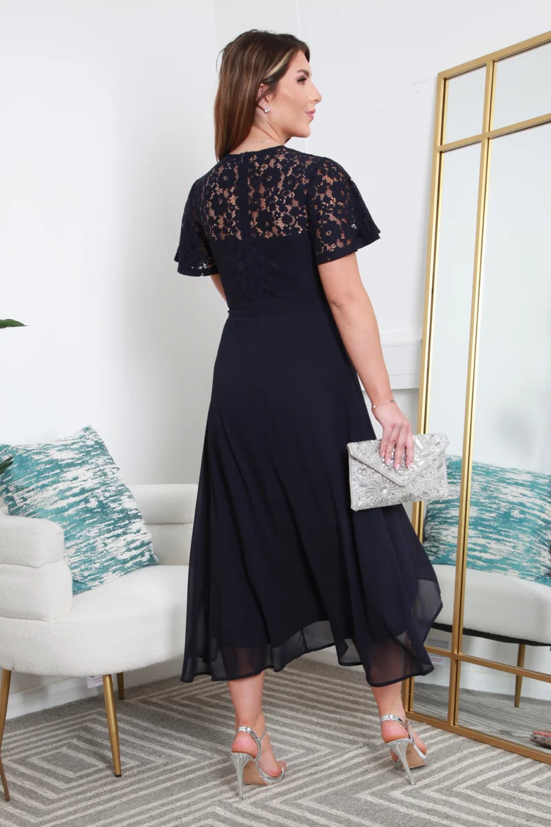 Double Second navy blue Navy Lace Wrap Front Dip Back Dress for Women | Best Price UAE