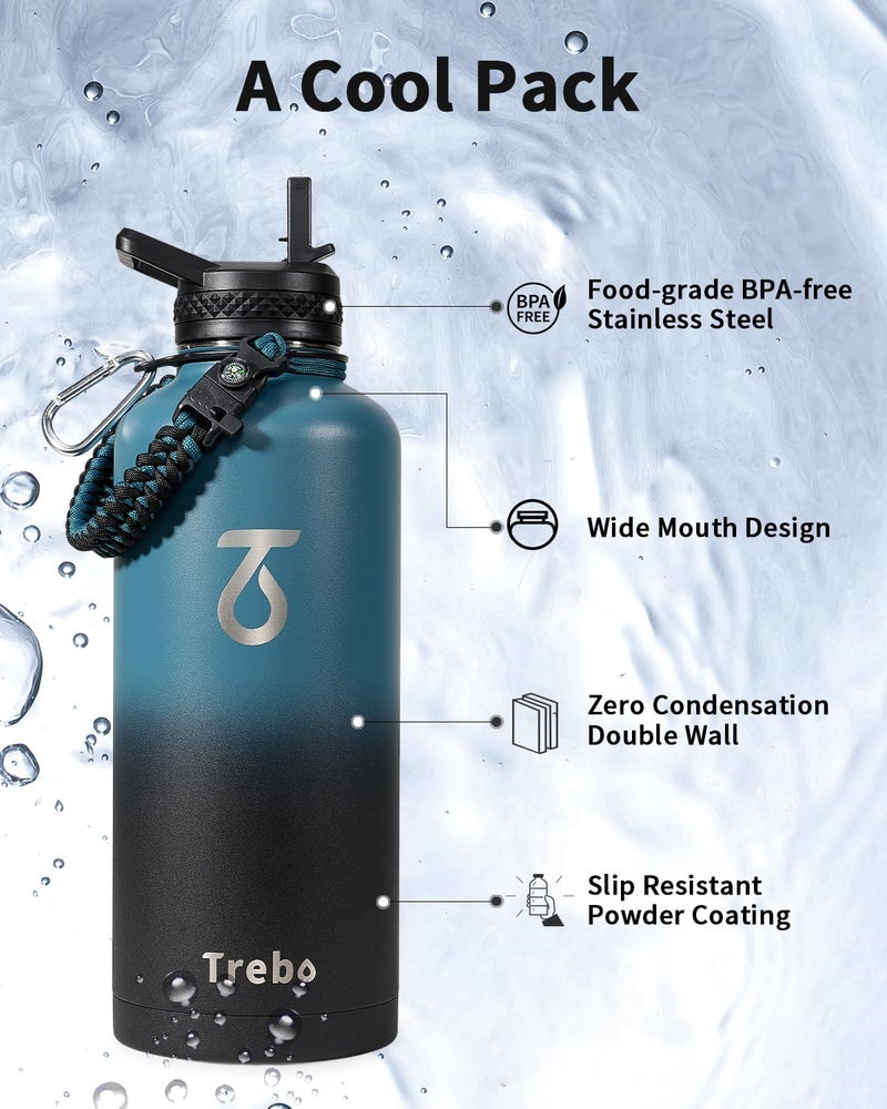 Trebo Water Bottle 87oz with Paracord Handle  Food-grade Double Wall Vacuum Stainless Steel Insulated Jug with Straw Spout Handle Lids  Leakproof Keep Cold & Hot Indigo/Black - Image 3