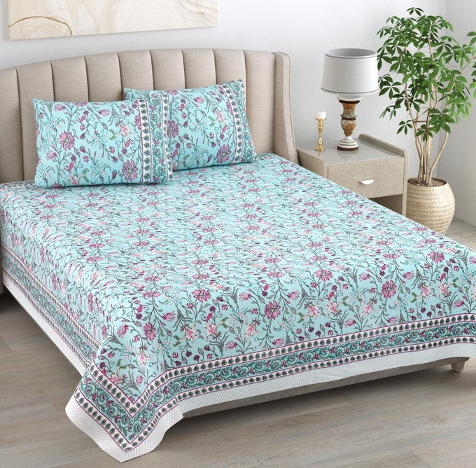 COTTON KING SIZE BEDSHEET DOUBLE BED 93X108 AQUA PINK DESIGN WITH 2 PILLOW COVERS 240 TC