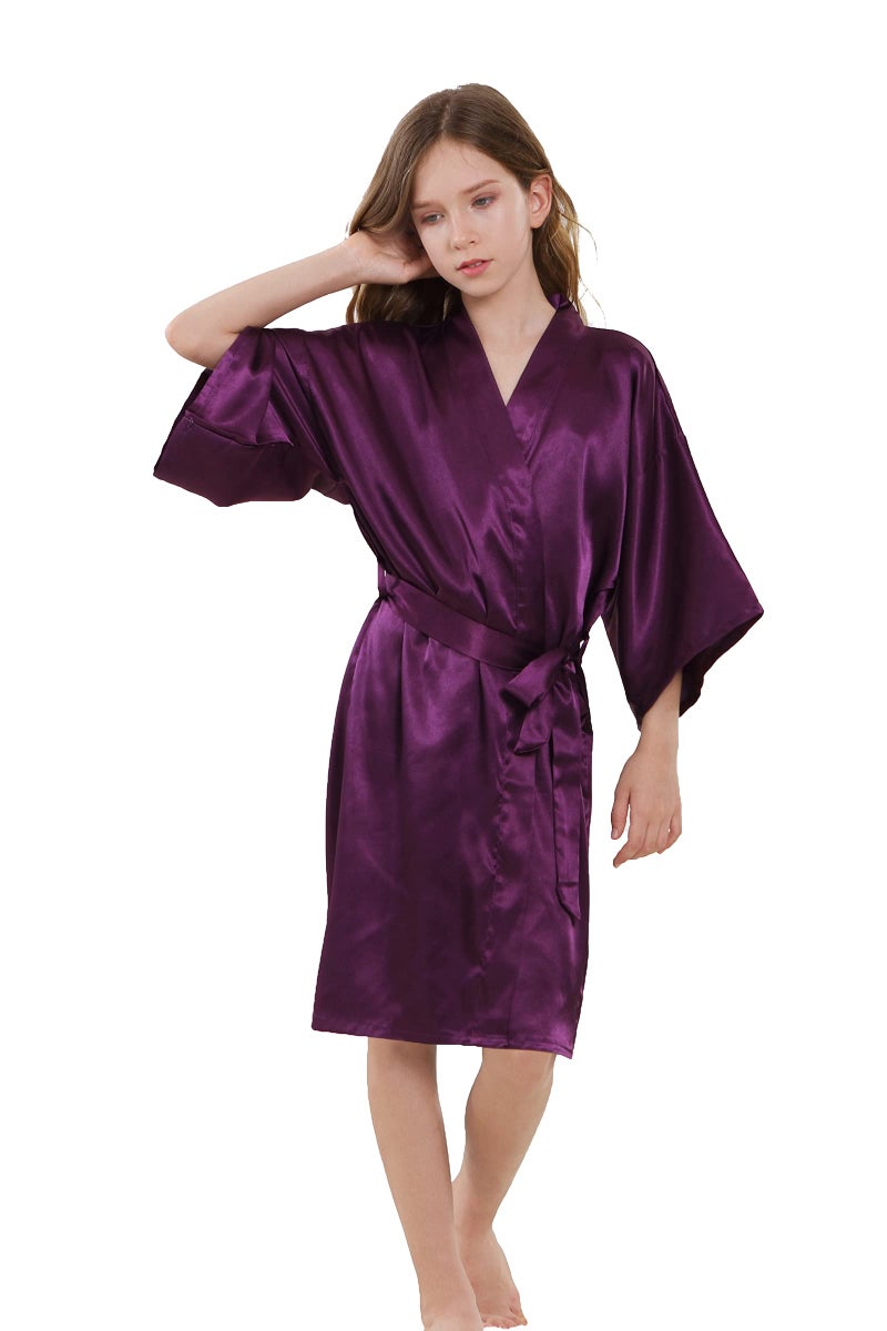 ALHAVONE Girl's Kid's Silky Satin Solid Color Short Kimono Robe for Wedding Birthday Party Spa (Purple, 10) - Image 1