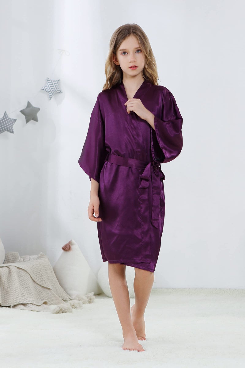 ALHAVONE Girl's Kid's Silky Satin Solid Color Short Kimono Robe for Wedding Birthday Party Spa (Purple, 10) - Image 2