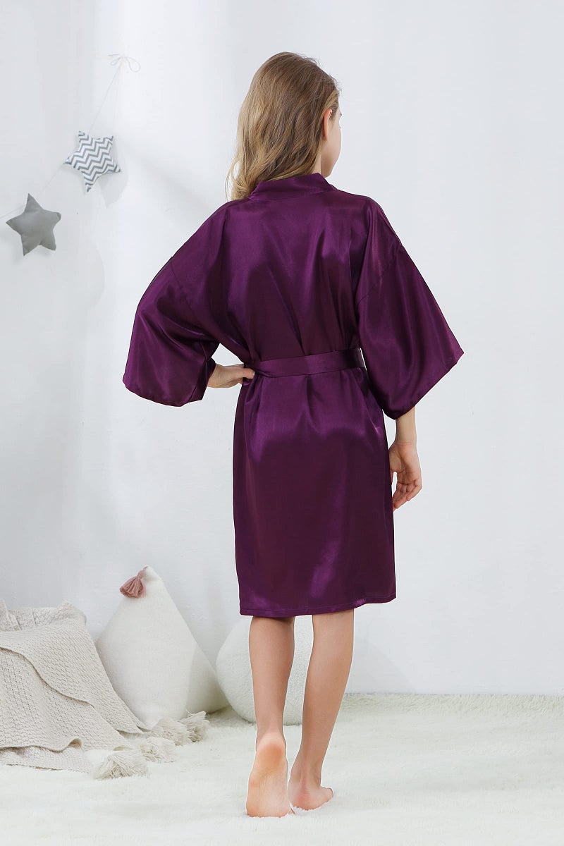 ALHAVONE Girl's Kid's Silky Satin Solid Color Short Kimono Robe for Wedding Birthday Party Spa (Purple, 10) - Image 4