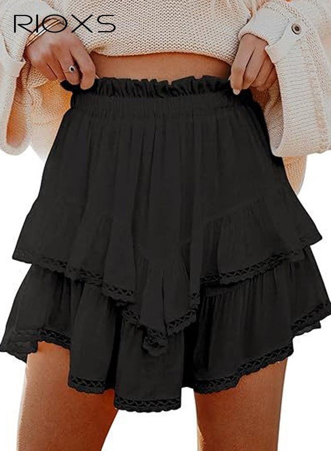 ريوكس تنانير قصيرة مزينة بكشكشة منسدلة للنساء، تنانير قصيرة بوهو كاجوال مرنة عالية الخصر مطوية ومتعددة الطبقات، تنانير كروشيه رياضية للجولف والتنس لقضاء العطلات والمواعدة - Image 1