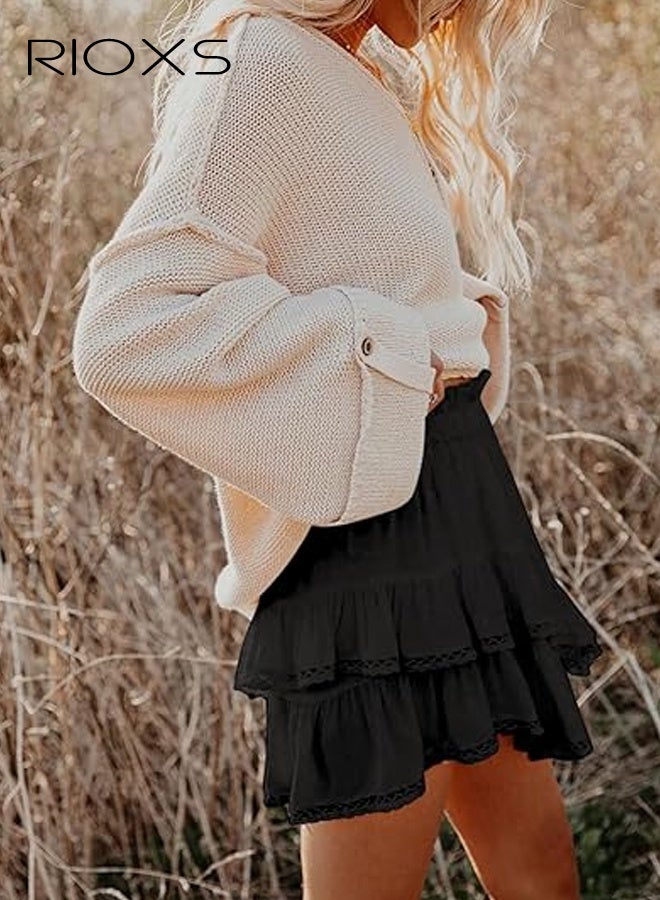 ريوكس تنانير قصيرة مزينة بكشكشة منسدلة للنساء، تنانير قصيرة بوهو كاجوال مرنة عالية الخصر مطوية ومتعددة الطبقات، تنانير كروشيه رياضية للجولف والتنس لقضاء العطلات والمواعدة - Image 3