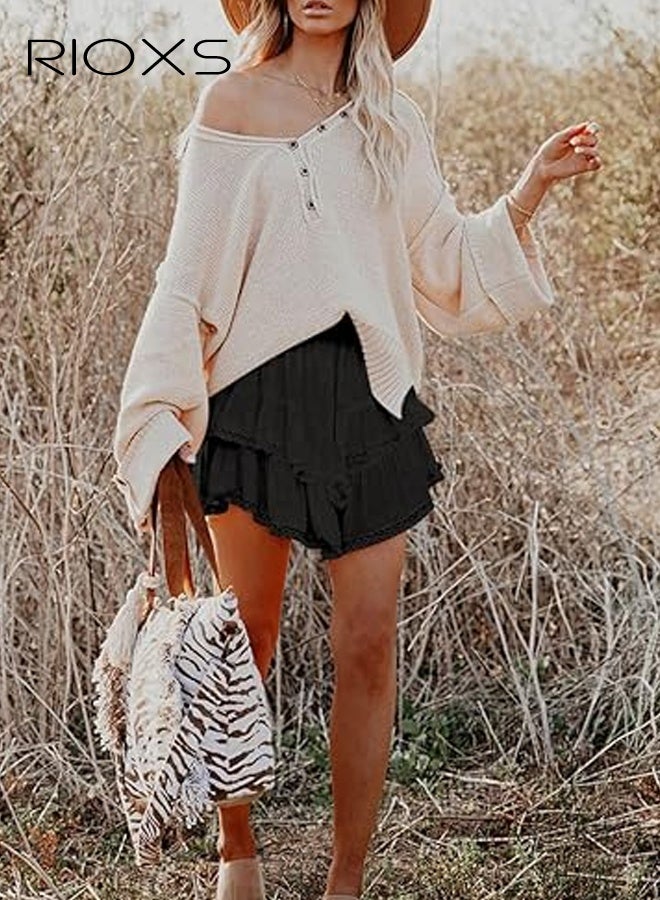 ريوكس تنانير قصيرة مزينة بكشكشة منسدلة للنساء، تنانير قصيرة بوهو كاجوال مرنة عالية الخصر مطوية ومتعددة الطبقات، تنانير كروشيه رياضية للجولف والتنس لقضاء العطلات والمواعدة - Image 4