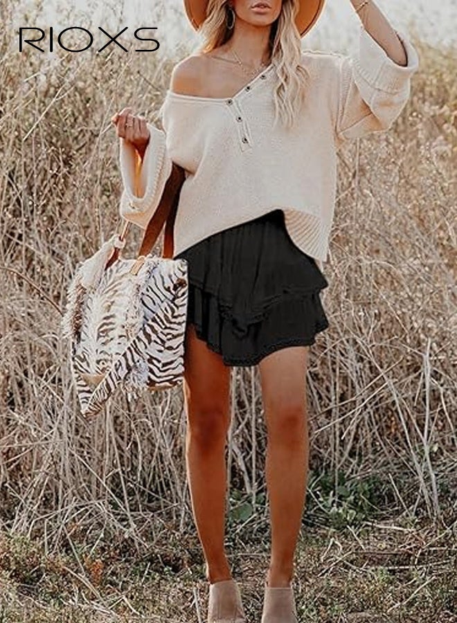 ريوكس تنانير قصيرة مزينة بكشكشة منسدلة للنساء، تنانير قصيرة بوهو كاجوال مرنة عالية الخصر مطوية ومتعددة الطبقات، تنانير كروشيه رياضية للجولف والتنس لقضاء العطلات والمواعدة - Image 5