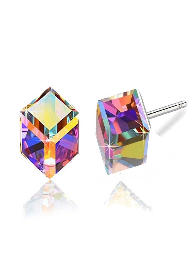 EVEVIC Cube Austrian Crystal Drop Stud Earrings for Women Fashion S925 Sterling Silver Hypoallergenic Jewelry (Rainbow) - Image 1