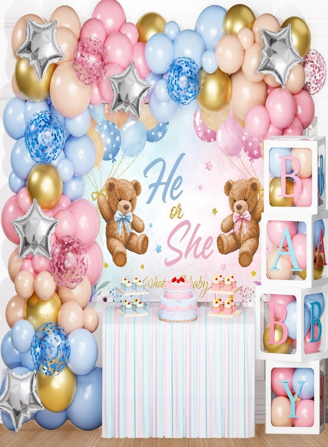 باتيمات زينة كشف جنس المولود على شكل دب باتيميت، طقم قوس بالونات وردي وأزرق، صندوق هدايا للأطفال مع حروف، خلفية لديكور كشف جنس المولود (ولد أو بنت)، لوازم حفلات استقبال المولود - Image 1