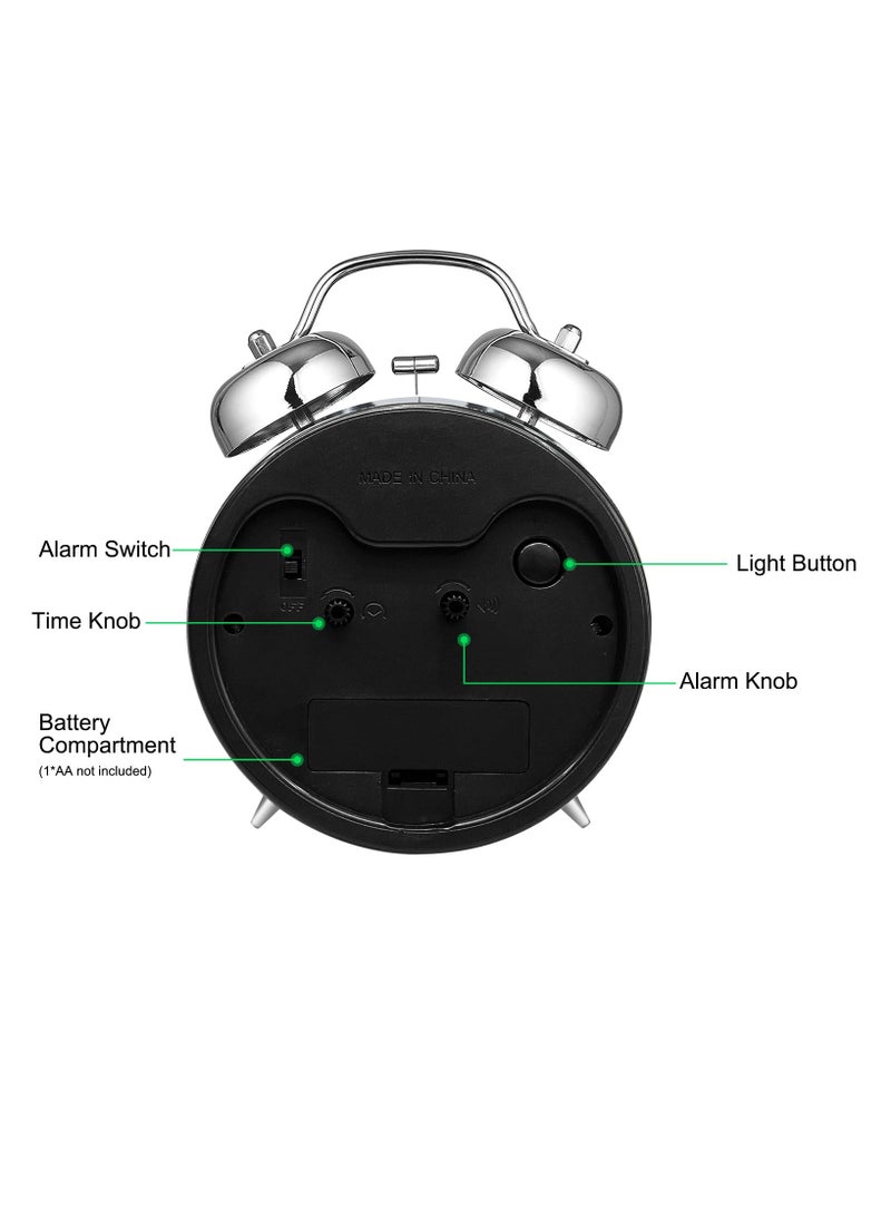 Super Alarm Clock Suitable For Adult Heavy Sleepers, Dual Bell Retro 4-Inch Silent Non Ticking Quartz With Backlight, Metal Dial, Bedroom Bedside Alarm Clock (Silver)  - Image 3