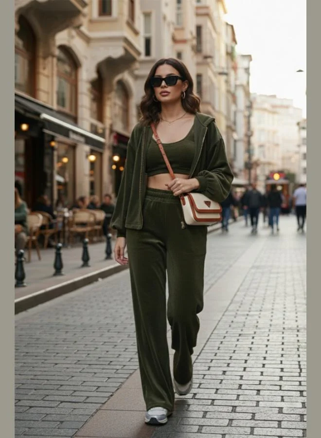 Lela Lela Cotton Regular Fit Hooded Velvet Textured 3-Piece Set for Women SET 6830097