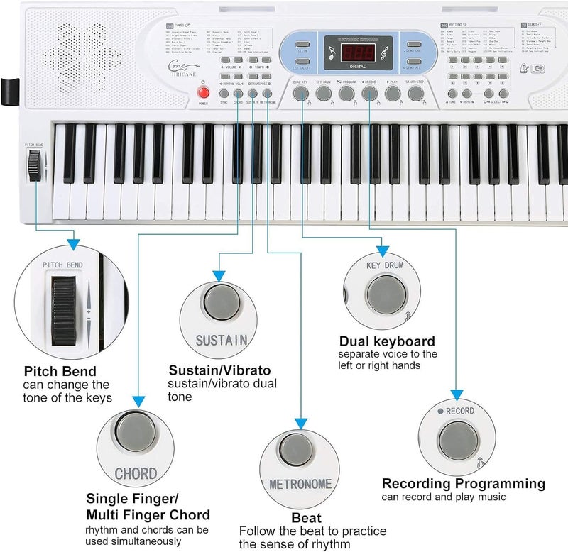 Hricane 61 Keys Piano Keyboard with Microphone Piano Note Sticker Power Supply Music Stand Electronic Digital Keyboard Gift for Beginners Boys Girls Lovers Girlfriend Friends - Image 3