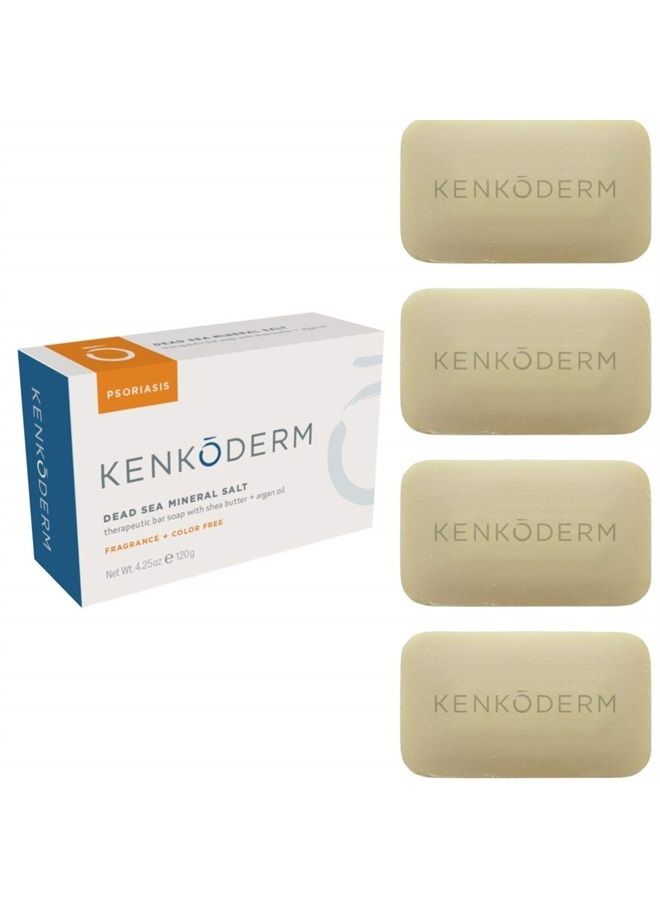 KENKODERM Psoriasis Mineral Salt Soap with Argan Oil & Shea Butter 4.25 oz | 4 Bars | Dermatologist Developed | Fragrance + Color Free - Image 1