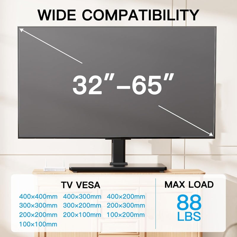 PERLESMITH Universal Swivel TV Stand-Table Top TV Stand for 32-65 inch TV-Height Adjustable TV Base with Heavy-Duty Tempered Glass Base, VESA 400x400mm up to 88lbs, PSTVS17 - Image 2