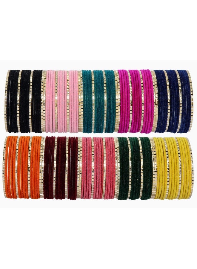 NMII 10 Colour Velvet Bangles Combo Set For Women and Girls | Premium Metal Bangle Set | Multicolour Bangles Set | Traditional Plain Simple Velvet Bangles Set of 160 Bangles(Velvet-Chilai-Multi-2.8) - Image 1