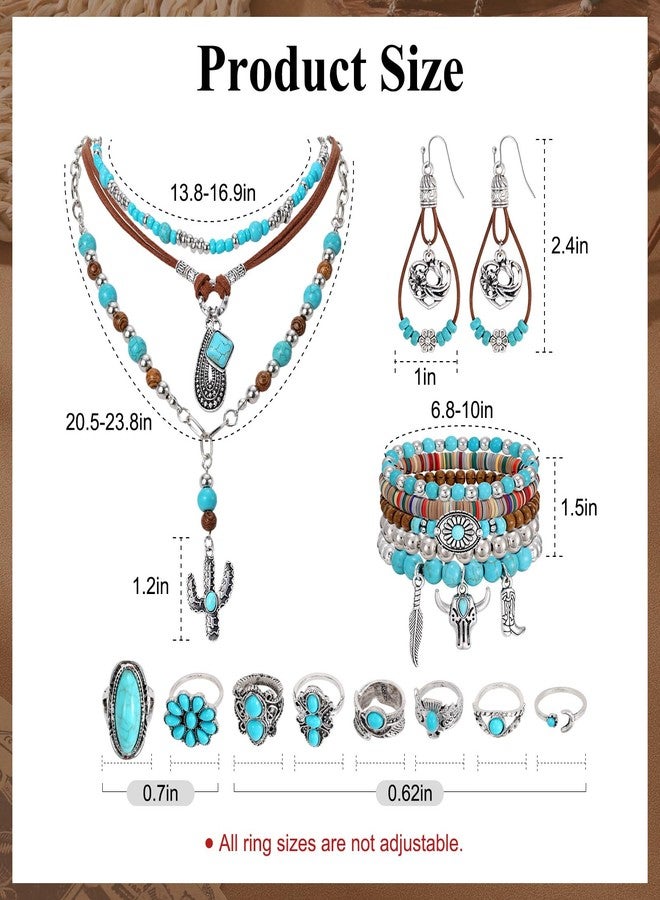 SANSTHS Bohemian Western Jewelry Set Turquoise Necklace Earrings Bracelets Rings Western Accessories for Women Cowgirl Gifts, Boho Turquoise Style - Image 3