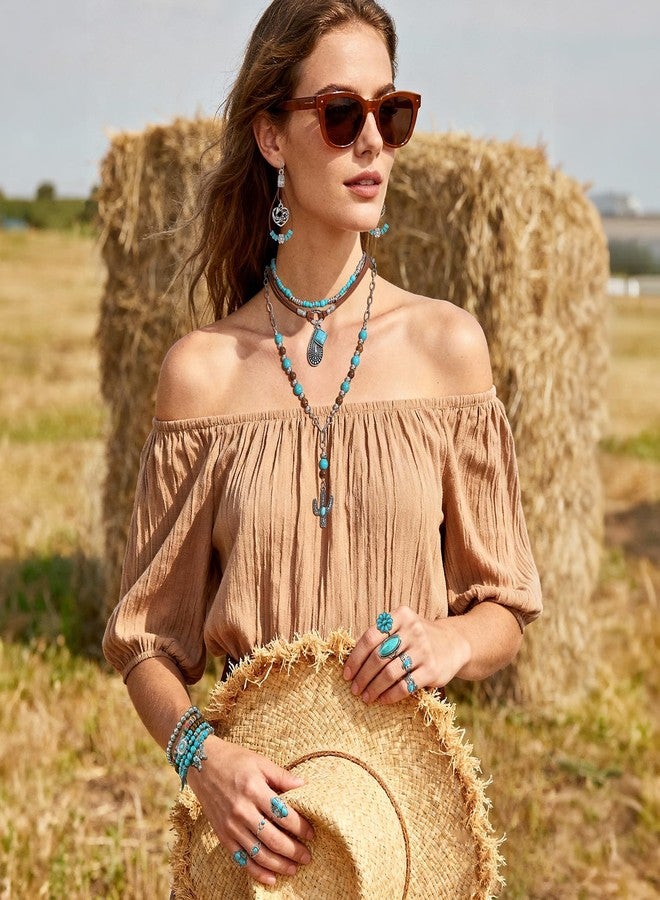 SANSTHS Bohemian Western Jewelry Set Turquoise Necklace Earrings Bracelets Rings Western Accessories for Women Cowgirl Gifts, Boho Turquoise Style - Image 5