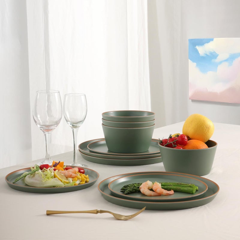 TOPMELA Melamine Dinnerware for 4, 12 Pieces Unbreakable Matte Plastic Plates and Bowls set, Kitchen Dish set BPA Free, Dishwasher Top Safe, Not Microwave, Not Oven (Green) - Image 5