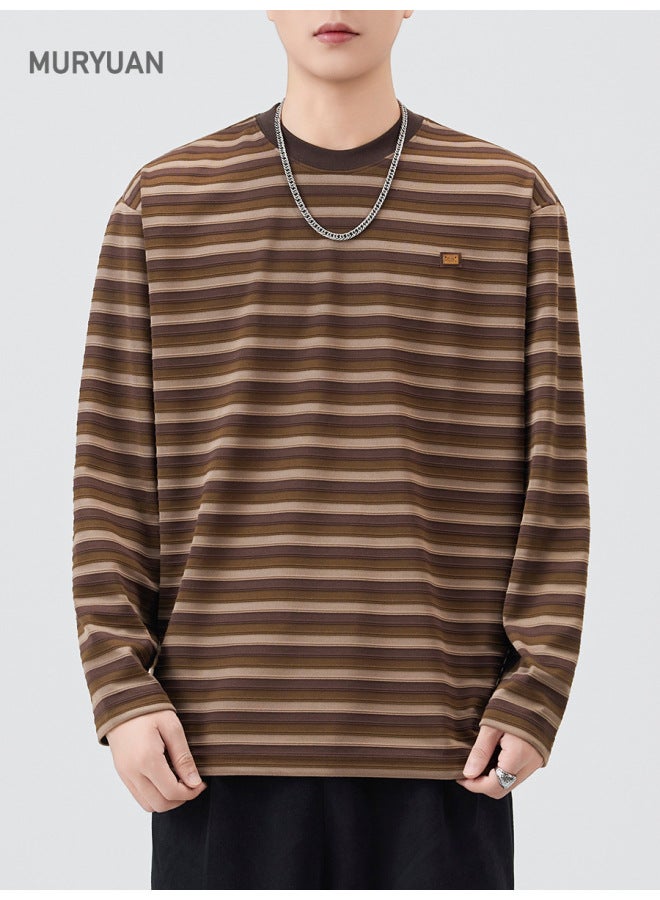 American Trendy Three-dimensional Texture Striped Long-sleeve T-shirt Men's Loose High-end Round Neck Top - Image 1