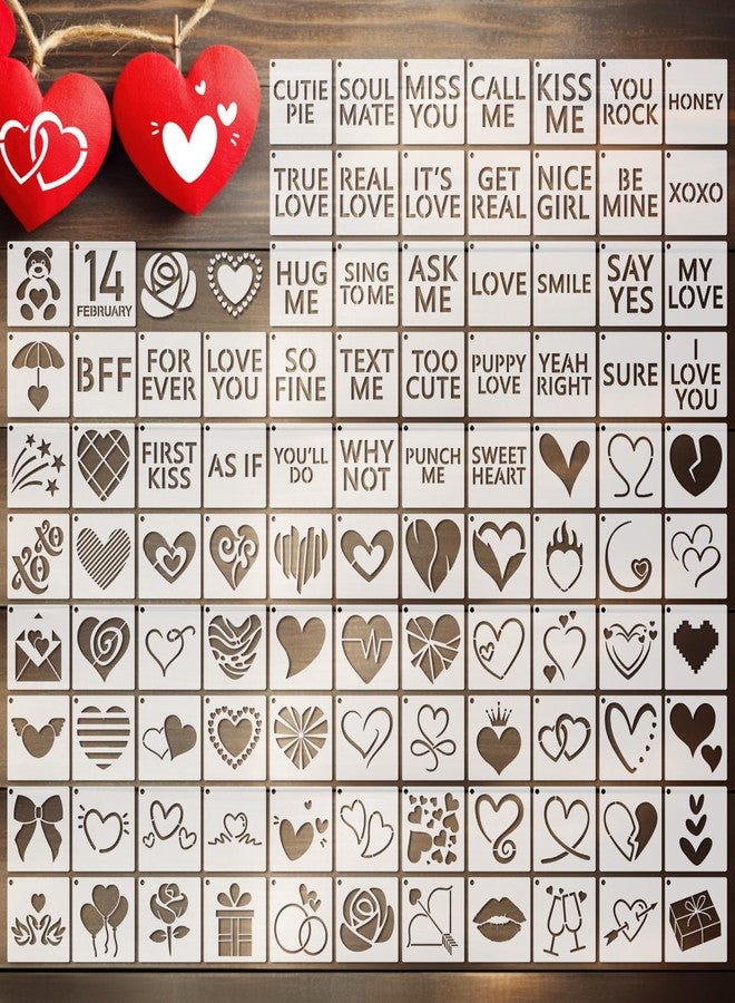 Fainne 100 Pcs Stencils for Painting on Wood Reusable Stencil Crafts Drawing Templates Holiday Wall Paper for DIY Scrapbook Home 2 x 2 Inch (Heart) - Image 1