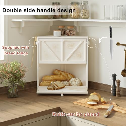 WOWLIVE Vintage Corner Bread Box for Kitchen Counter, Double-Layer Bamboo Bread Storage Bin, Large Capacity Rustic Farmhouse Bread Holder, Breadbox Organizer for Cabinet (White, Extra Large) - Image 5