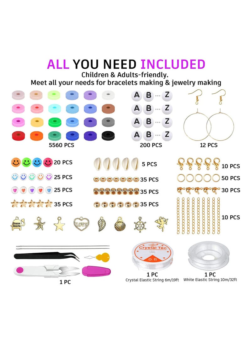 Flushrenic 6000 Pcs Clay Beads for Bracelet Making Kits, 24 Colors Flat Round Polymer Clay Beads 6mm Spacer Heishi Beads with Pendant Charms Kit and Elastic Strings for Jewelry Making Kit Bracelets Necklace - Image 2