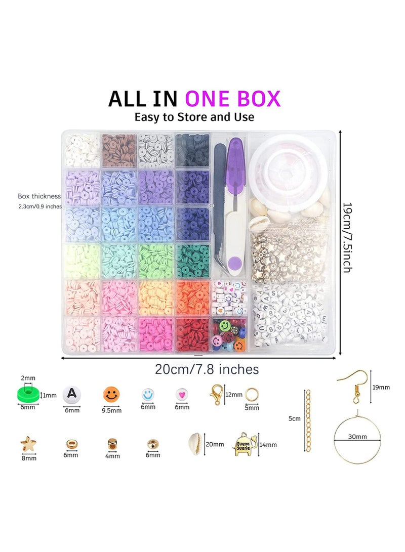 Flushrenic 6000 Pcs Clay Beads for Bracelet Making Kits, 24 Colors Flat Round Polymer Clay Beads 6mm Spacer Heishi Beads with Pendant Charms Kit and Elastic Strings for Jewelry Making Kit Bracelets Necklace - Image 3
