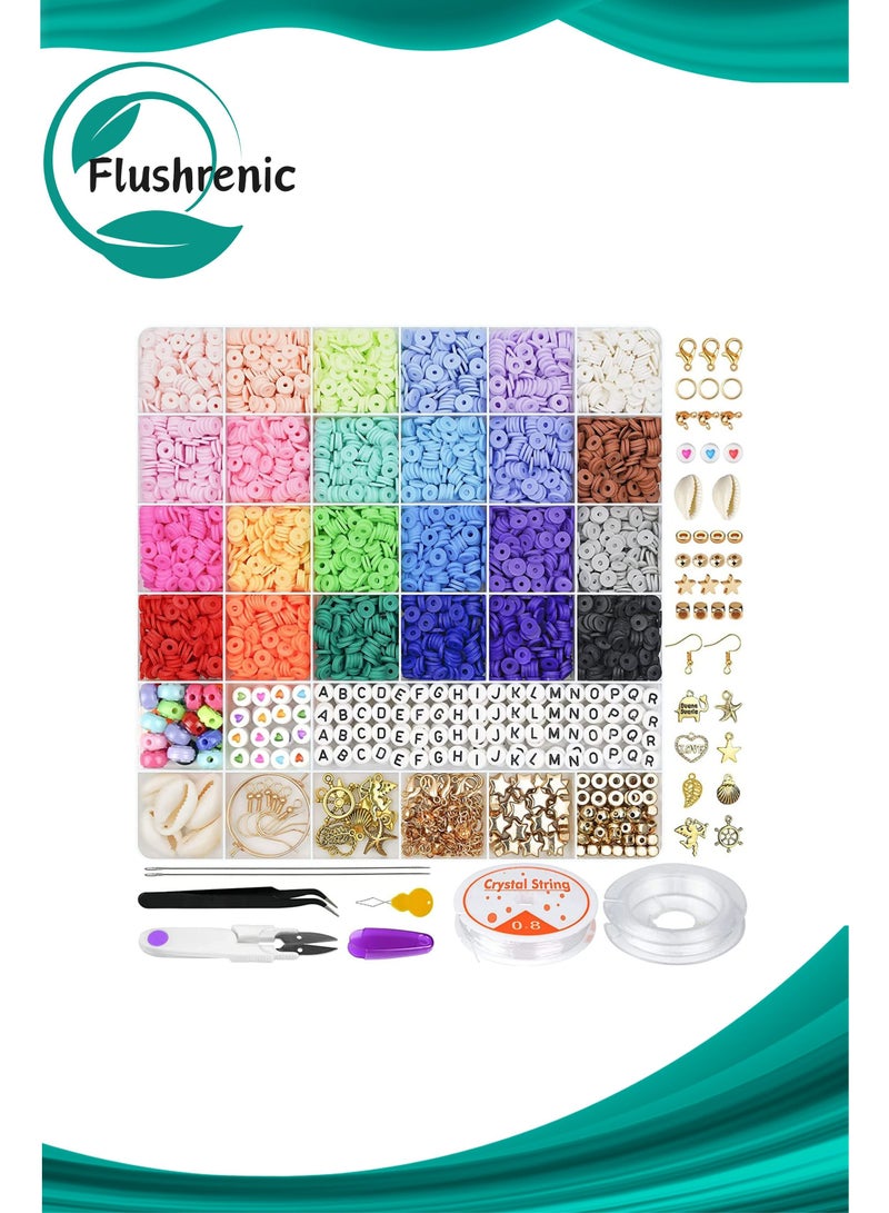 Flushrenic 6000 Pcs Clay Beads for Bracelet Making Kits, 24 Colors Flat Round Polymer Clay Beads 6mm Spacer Heishi Beads with Pendant Charms Kit and Elastic Strings for Jewelry Making Kit Bracelets Necklace - Image 1