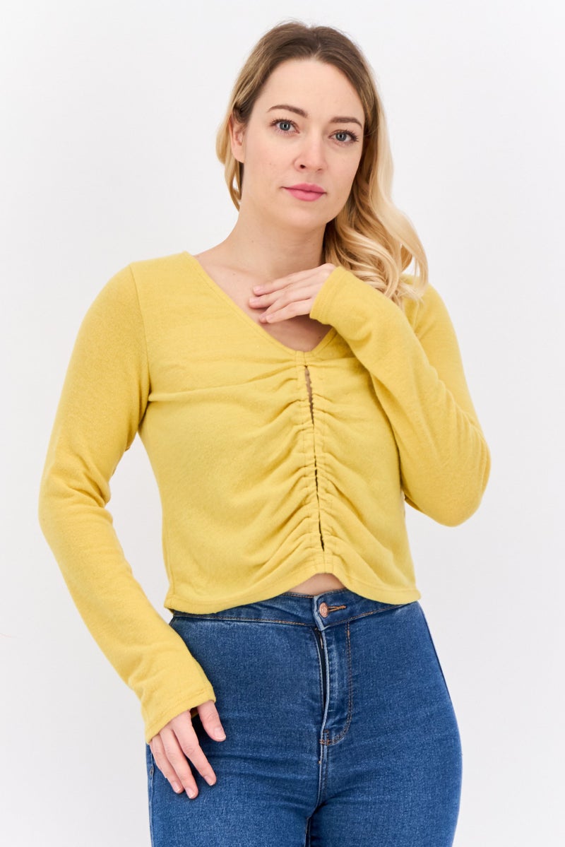 POOF Women Crew Neck Long Sleeves Plain Top, Yellow - Image 1
