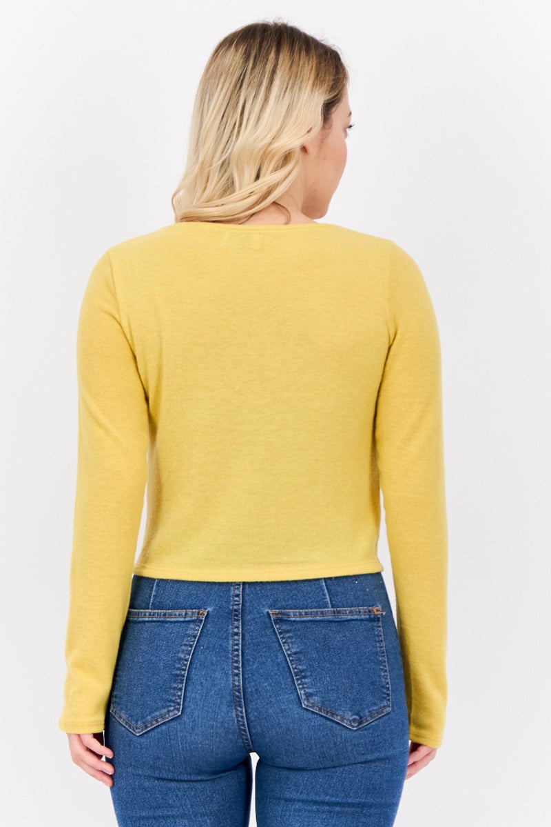 POOF Women Crew Neck Long Sleeves Plain Top, Yellow - Image 3