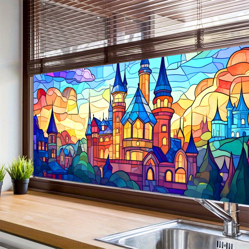 HOMETITUTE Stained Glass Castle Pattern Rainbow Window Film 39.3x17.7 inches Non-Adhesive Removable Reusable for Glass Door Home and Office Bedrooms PVC Static Cling Sticker - Image 4