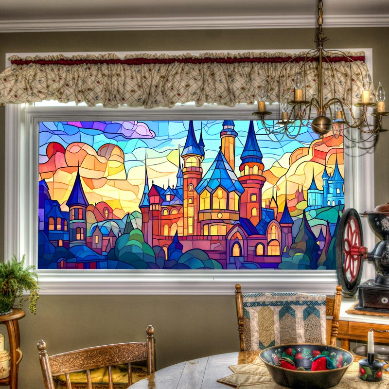 HOMETITUTE Stained Glass Castle Pattern Rainbow Window Film 39.3x17.7 inches Non-Adhesive Removable Reusable for Glass Door Home and Office Bedrooms PVC Static Cling Sticker - Image 1