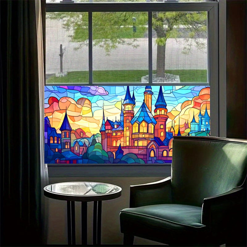 HOMETITUTE Stained Glass Castle Pattern Rainbow Window Film 39.3x17.7 inches Non-Adhesive Removable Reusable for Glass Door Home and Office Bedrooms PVC Static Cling Sticker - Image 2
