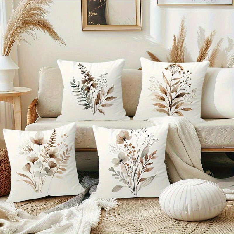 أغطية وسائد نباتية بوهيمية - 4 قطع مقاس 16×16 بوصة - غطاء ديكوري بنمط طبيعي - Image 1