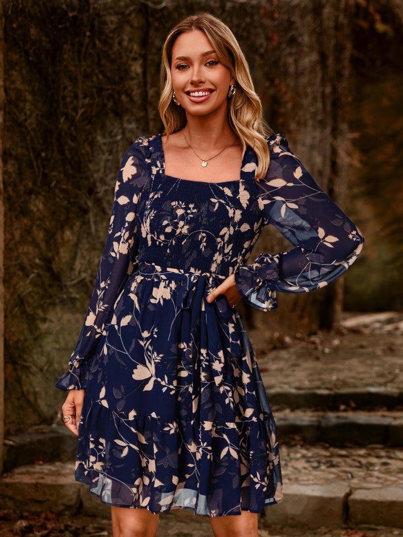 Simplee Womens Floral Long Sleeve Mini Dress A-Line Square Neck Smocked Boho Spring Fall Dresses Short Western Wedding Guest Dress Navy L - Image 3