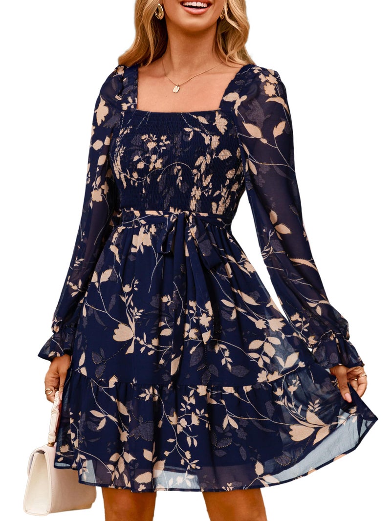 Simplee Womens Floral Long Sleeve Mini Dress A-Line Square Neck Smocked Boho Spring Fall Dresses Short Western Wedding Guest Dress Navy L - Image 1