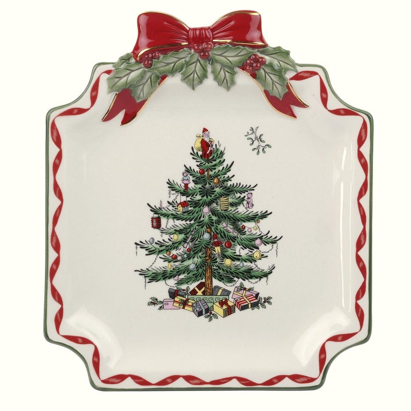 Spode Christmas Tree Ribbons Canape Platter  65Inch Holiday Serving Plate for Desserts Appetizers and Treats  Festive Earthenware Christmas Dinnerware with Gold Accents  Dishwasher Safe