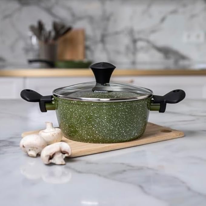 Fissman Jenny Collection 20Cm225Ltr Green Aluminum Stockpot With Glass Lid NonStick Touchstone Coating Suitable For All Stovetops Includes Ladle - Image 1