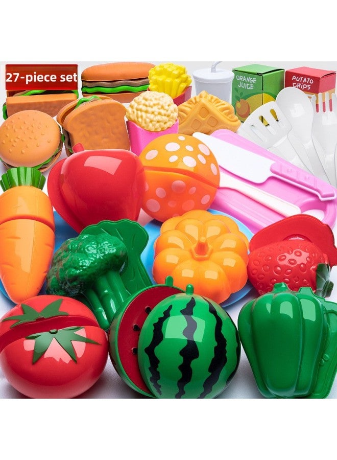 Children's Kitchen Toys Play House Girls Shopping Cart Vegetables Cut Watch Baby Cut Fruit Boys Group Music-Color:Chicele 27-piece Set - Image 1