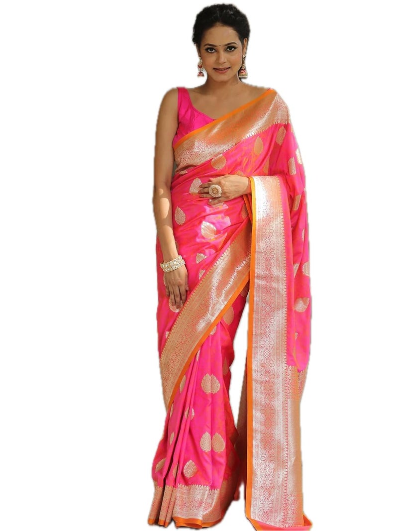 Yashika Women's Banarasi Art Silk Traditional Motifs Woven Saree |Pink Color Saree | Women Sari | Saree (AZ-YS-OG1-CHIMPU PINK) - Image 1