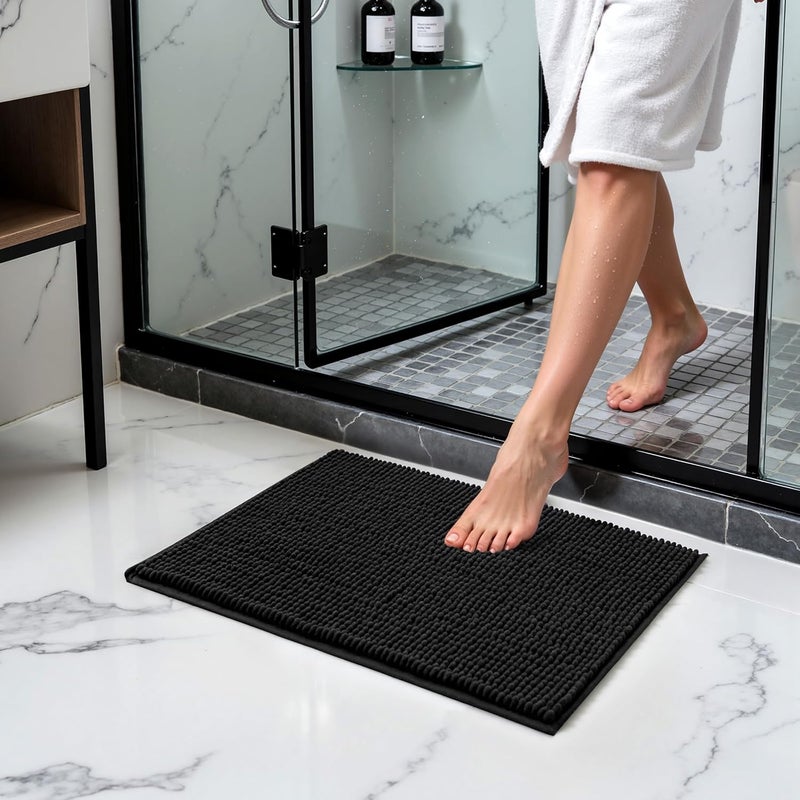 subrtex Bathroom Rugs Chenille Bath Rug Soft Short Plush Bath Mat Soft Shower Mat Water Absorbent Shower Mat Quick Dry Machine Washable(Black,16" x 24") - Image 2