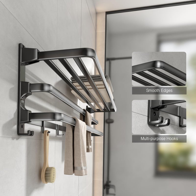 VOLDRA 24-Inch Towel Rack,Bathroom Towel Shelf with 2 Towel Bar Foldable Towel Holder with 7 Hooks Towel Storage Organizer for Bathroom & Lavatory Wall Mounted (Matte Black) - Image 3