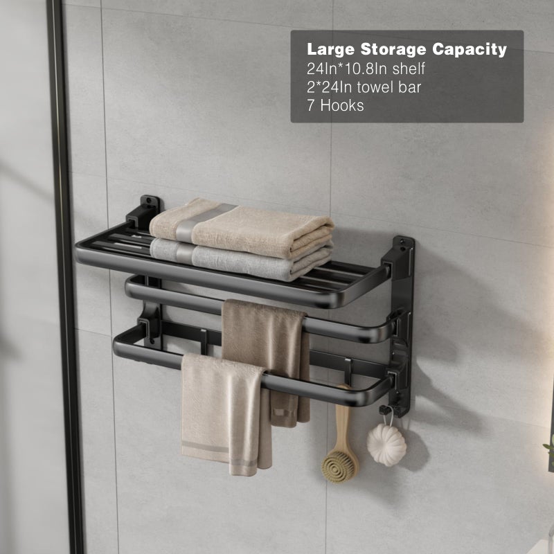 VOLDRA 24-Inch Towel Rack,Bathroom Towel Shelf with 2 Towel Bar Foldable Towel Holder with 7 Hooks Towel Storage Organizer for Bathroom & Lavatory Wall Mounted (Matte Black) - Image 2