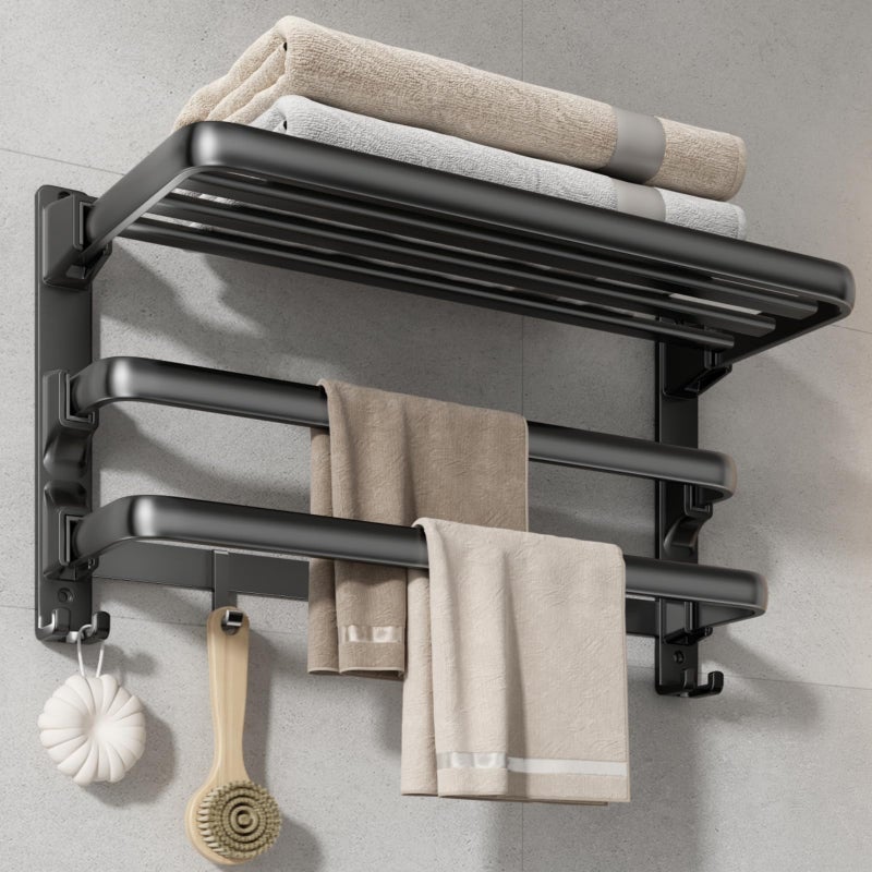 VOLDRA 24-Inch Towel Rack,Bathroom Towel Shelf with 2 Towel Bar Foldable Towel Holder with 7 Hooks Towel Storage Organizer for Bathroom & Lavatory Wall Mounted (Matte Black) - Image 1