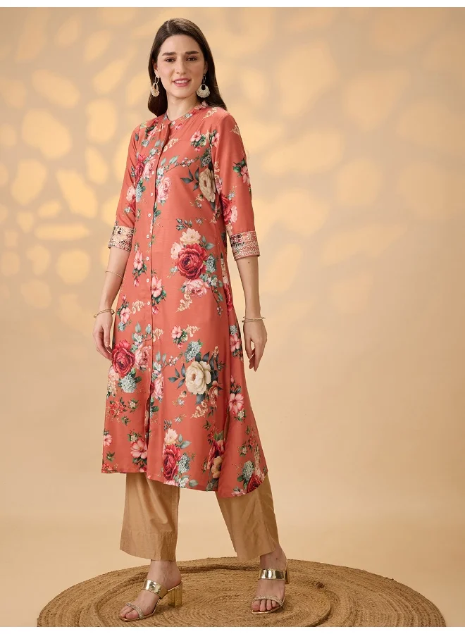 globus Globus Women Orange Mandarin Collar Embroidered Hem Sleeves Floral Print Button Down A-Line Festive Kurta