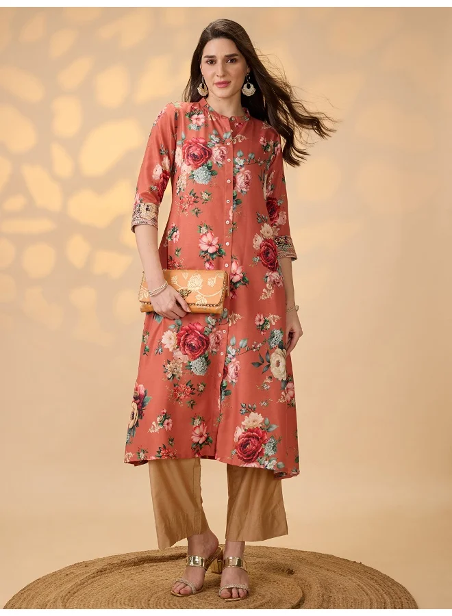 globus Globus Women Orange Mandarin Collar Embroidered Hem Sleeves Floral Print Button Down A-Line Festive Kurta