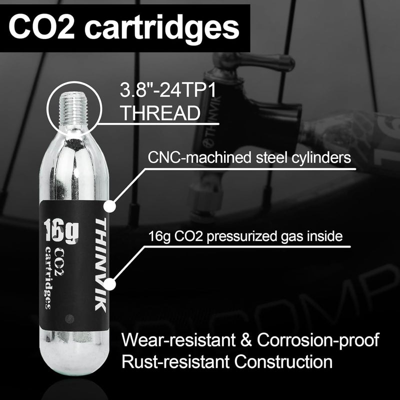 Thinvik Co2 Inflator/4 x16g Co2 Cartridges Inflator Kit/12x16g cartridges for Presta & Schrader Valve Co2 Bike Pump for Road/Mountain Bikes with Insulated Sleeve - Image 2