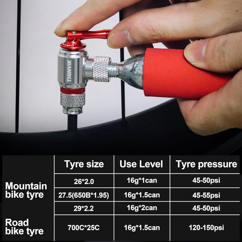 Thinvik Co2 Inflator/4 x16g Co2 Cartridges Inflator Kit/12x16g cartridges for Presta & Schrader Valve Co2 Bike Pump for Road/Mountain Bikes with Insulated Sleeve - Image 4