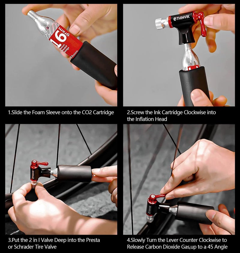 Thinvik Co2 Inflator/4 x16g Co2 Cartridges Inflator Kit/12x16g cartridges for Presta & Schrader Valve Co2 Bike Pump for Road/Mountain Bikes with Insulated Sleeve - Image 5